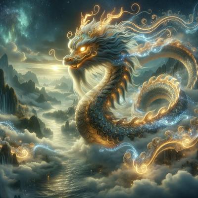 Primary subject: A dragon with a yellow and blue color scheme.

Setting/background: The dragon is in a cloudy sky, surrounded by mountains.

Visual style: The image is a digital art or illustration.

Colors and mood: The dragon has a yellow and blue color scheme, giving it a vibrant and lively appearance. The cloudy sky and mountains in the background create a dramatic and serene atmosphere.